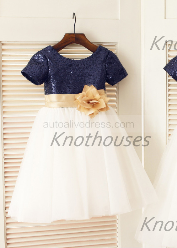Short Sleeves Navy Blue Sequin Ivory Tulle Knee Length Flower Girl Dress 